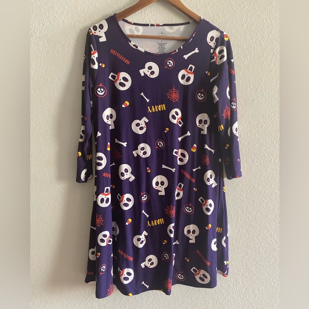 St John’s Bay Women Halloween Purple 3/4 Sleeve Shift Dress Skulls Medium M